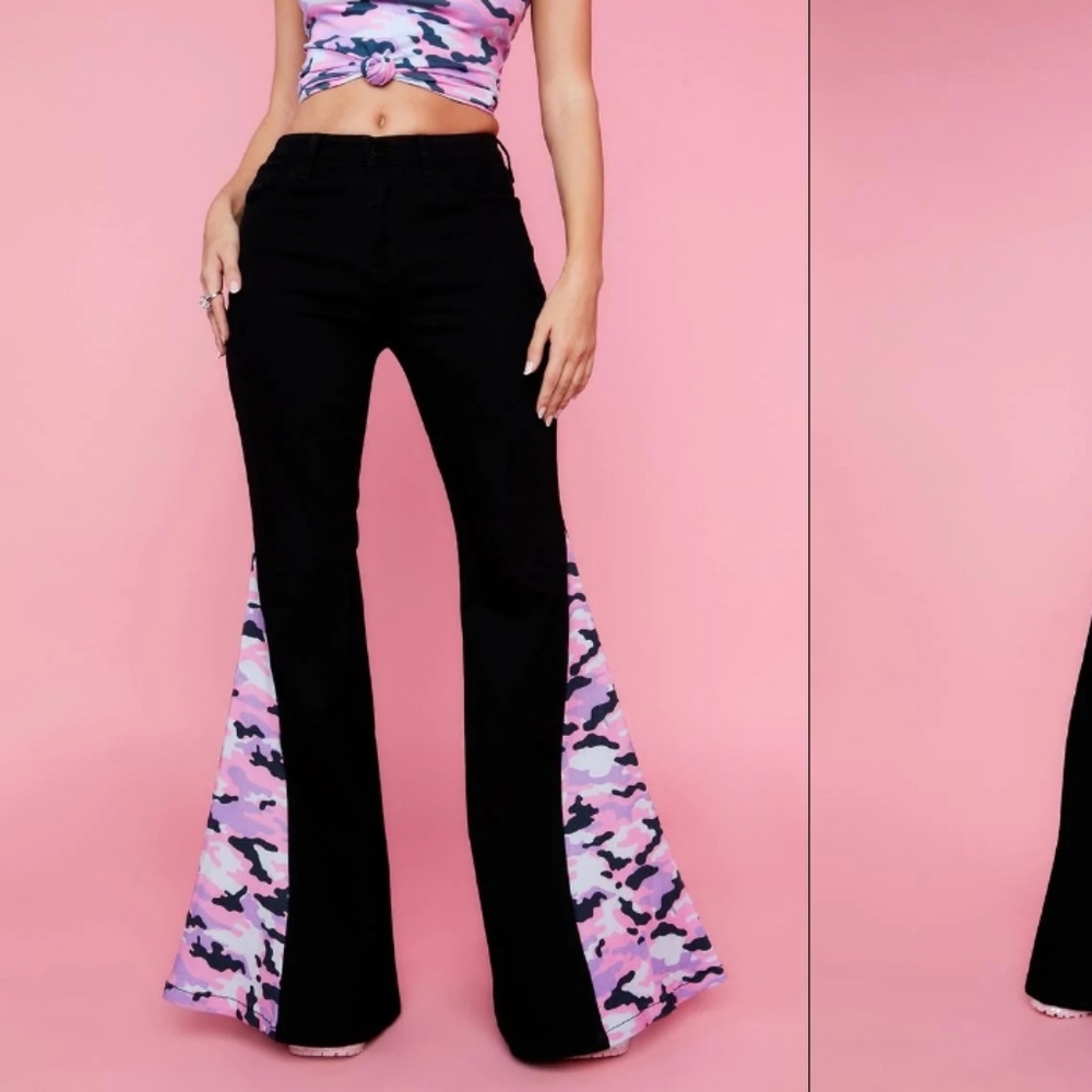 FINAL PRICE! Fit & flare dolls kill bellbottom jeans! Pink camo insert 18" bells - Picture 10 of 10